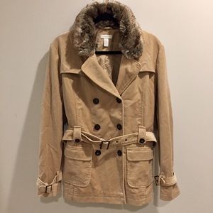 Charter Club faux fur tan pea coat trench jacket vintage Y2k double breasted